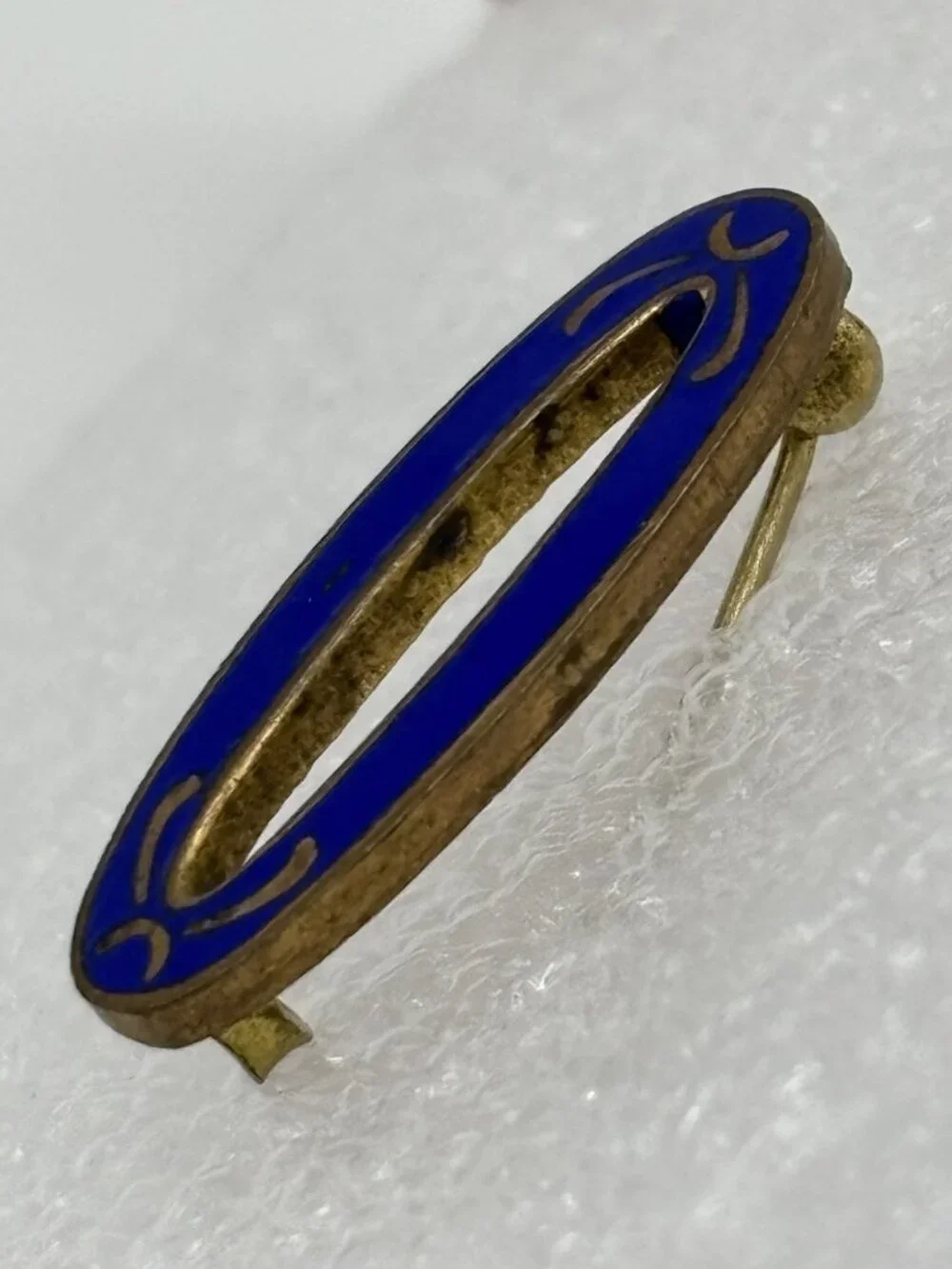 Antique Edwardian Era Sash Collar Lace Pin Open Oval Cobalt Enamel Brass C Clasp